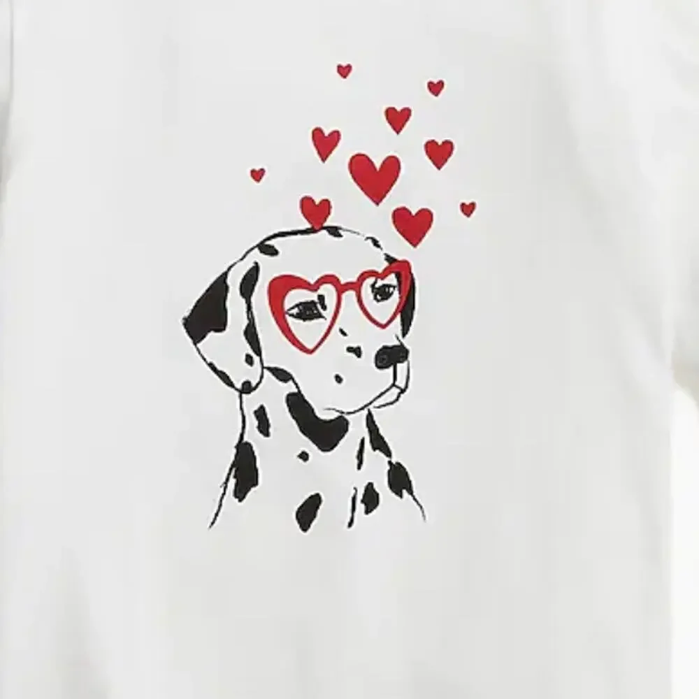 NWT J. Crew Girls' White W/Heart Dalmatian Long Sleeve Graphic Tee SIZE S (6-7)